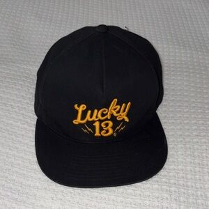 Authentic LUCKY 13 Shocker Logo Embroidered Snapback Hat Black Gold Yupoong